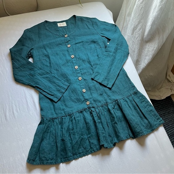 LINENBEE teal blue green linen button down long sleeve mini dress - Picture 1 of 5
